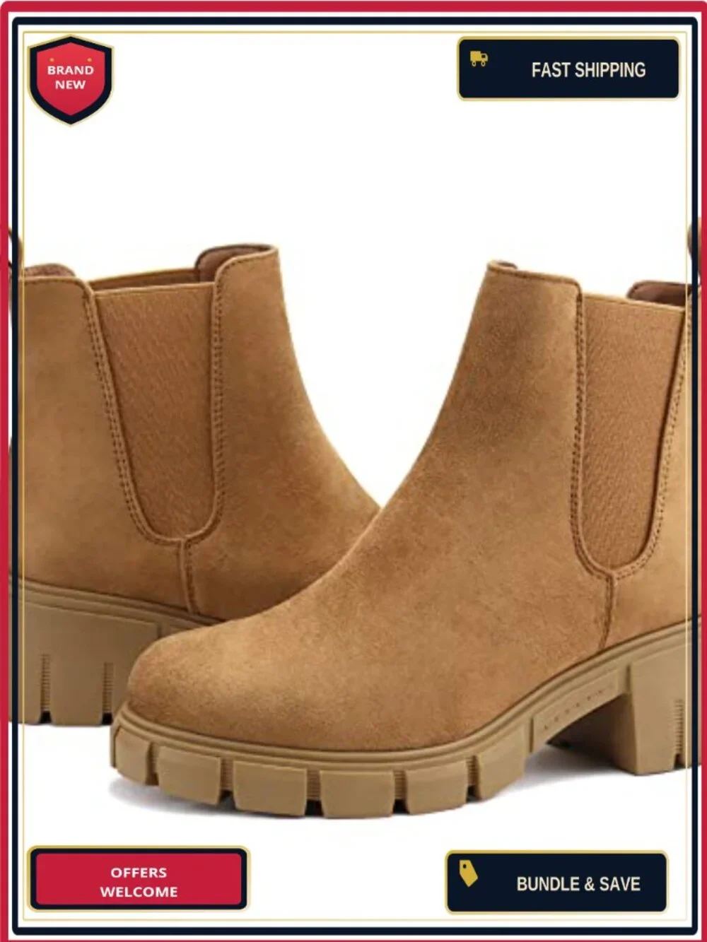 Women Platform Chelsea Ankle Boots Chunky Heel Faux Leather Round Toe
